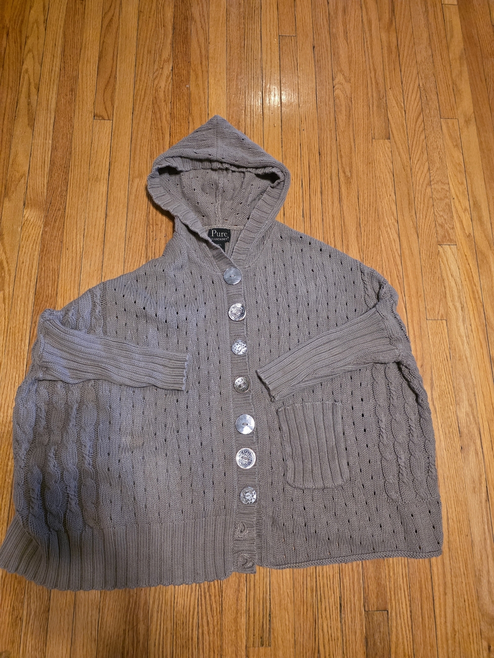 Pure Handknit Gray Hooded Cotton Cardigan M/L